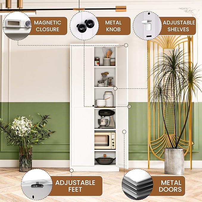 72" Tall Metal Pantry Cabinet with 2 Doors and 5 Adjustable Shelves, Freestanding Kitchen Storage Cabinet, Large White Cupboard Organizer for Kitchen Dining Room Living Room Bathroom,Assembly Required - Image 3