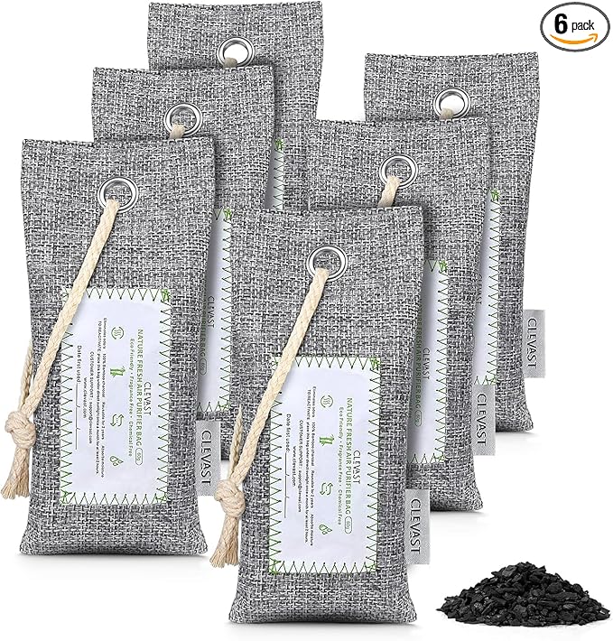 CLEVAST Activated Bamboo Charcoal Odor Absorber - 6 x 60g Air Purifying Bags Natural Fresh, Deodorizer and Moisture Eliminator for Home, Closet, Shoes, Car Air freshener Grey by CLEVAST