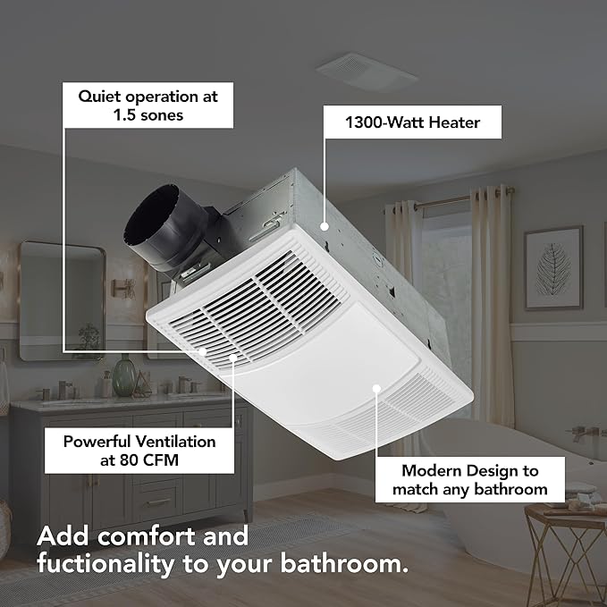 Broan-NuTone Non-Lit PowerHeat Bathroom Exhaust Fan and Heater, 80 CFM, 1.5 Sones, White - Image 2