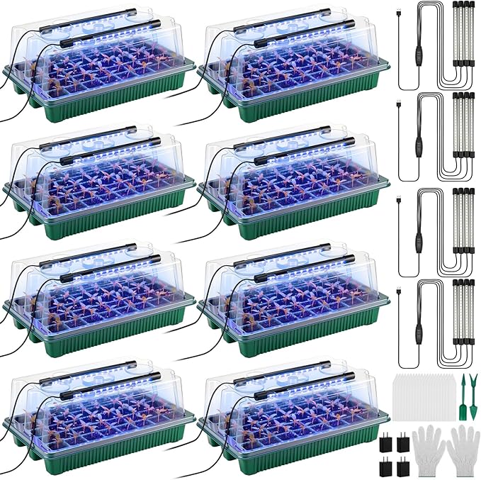 8 Pack Starter Tray with Light, 320 Cells Sprouting Kit Seedling Tray with Humidity Domes, Remote, Timer, Adjustable Light & Gloves, Starter for Indoor Greenhouse by Unknown
