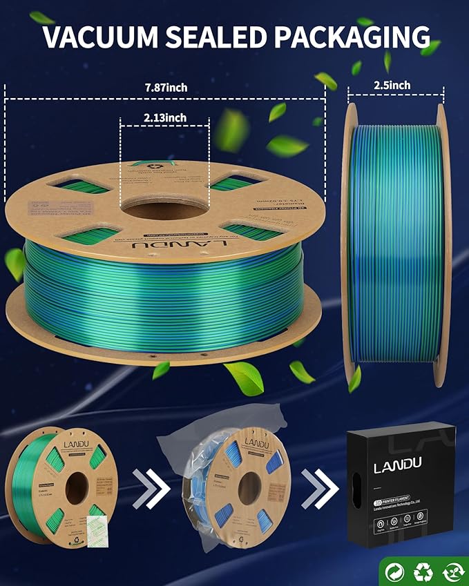 LANDU Silk Dual Color PLA Filament 1.75mm 1KG, 3D Printer Filament Dimensional Accuracy +/- 0.02mm, Coextrusion Filament PLA Shiny Filament Fits for Most FFF 3D Printers,1KG Spool (2.2lbs) Green Blue - Image 6