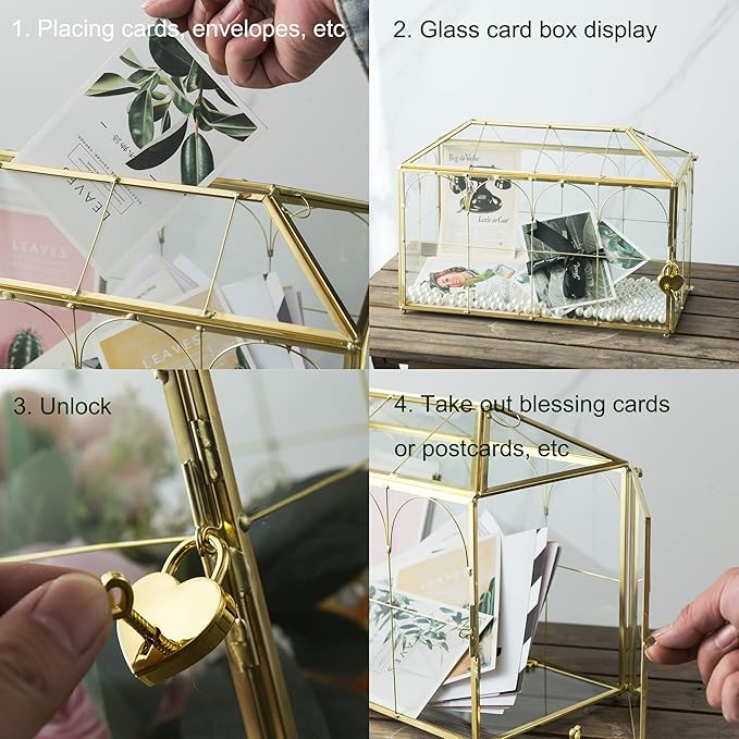 Glass Wedding Card Box with Slot, 12.6 inch Large Clear Card Box Gold Brass Gift Card Storage Box with Lock for Wedding Receptions, Baby Shower, Birthday Party, Bridal Shower - Image 5