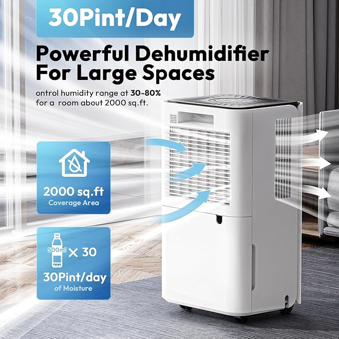 2000 Sq.ft Dehumidifier for Basement, LUKO 30 Pint Dehumidifier with Drain Hose for Continuous Drainage, Intelligent Humidity Control Panel and 24H Timer, 3 Modes, Child Lock, Auto Defrost - Image 3