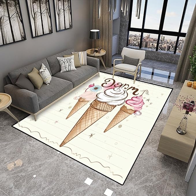 Floor Covering, Three Ice Creams Pattern Printing Foldable Area Rugs Fade Resistant, Flame Resistant, Quick Dry, Stain Resistant, Waterproof Floor Carpet for Living Room Bedroom, 48 x 72 Inch - Image 4
