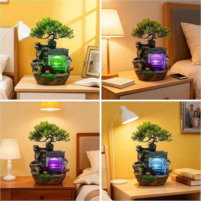 11" Desktop Fountain Rock Waterfall Humidifier with Artificial Tree &LED Light, Tabletop Water Fountains Indoor Fake Plant Bonsai Tree Feng Shui Decoration for Aquariums Office Bedroom Home Décor - Image 6