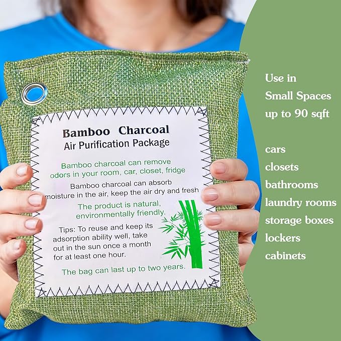 Bamboo Charcoal Air Purifying Bag, Activated Charcoal Odor Absorber Moisture Absorber Car Fresheners Odor Eliminator for Home Car Closet Refrigerator Shoe Smell Remover Gym Bag Deodorizer, Green - Image 3