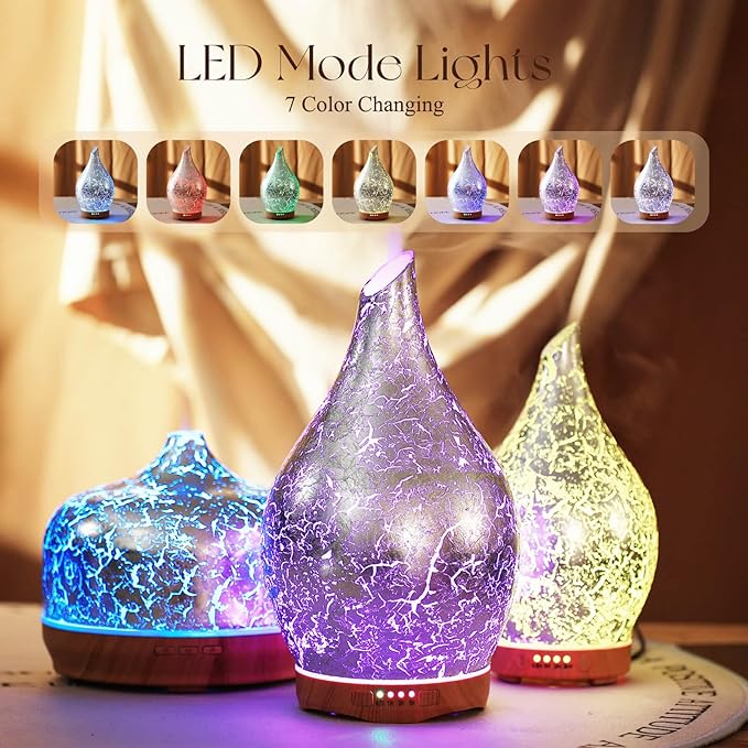 Porseme 280ml Essential Oil Diffuser, 3D Glass Aromatherapy Diffusor, Ultrasonic Cool Mist BPA Free Aroma Humidifier with Timer and Color Changing Function, Waterless Shut-Off for Home Office Room - Image 2