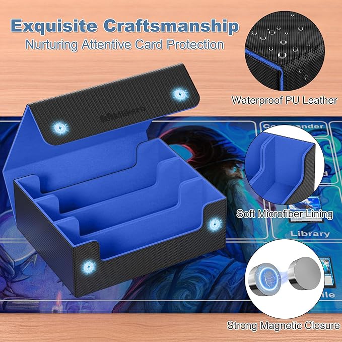 Mlikero Card Deck Case, 1800+ Trading Card Storage Box with 10 Dividers and 3 Foam Stoppers, Leather Magnetic Closure Commander Deck Box Fit for YuGiOh, MTG and Sport Cards(Black&Blue) - Image 4