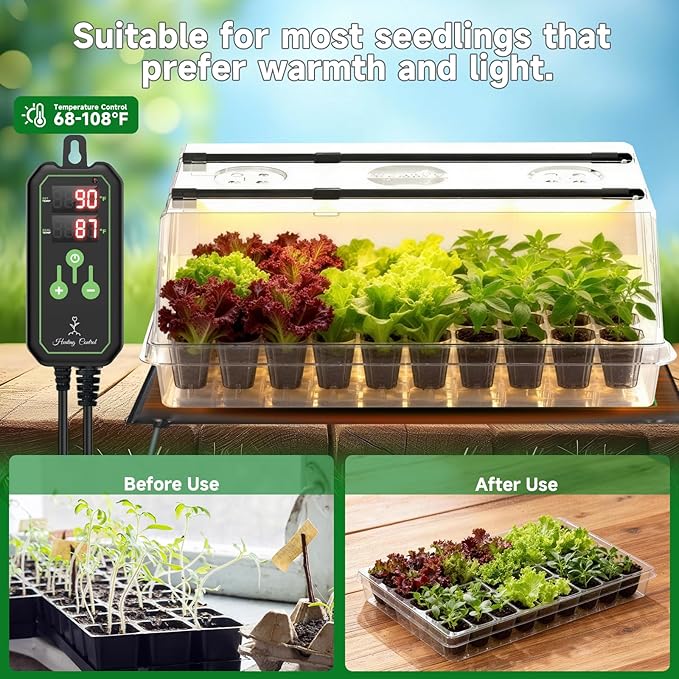 Large Seed Starter Tray with Grow Light and Thermostat Controller Heat Mat, 10"x 20.75" Heat Mats for Plant Growing，68-113°F Adjustable，Color Change Grow Lights，Germination Trays Kits - Image 3