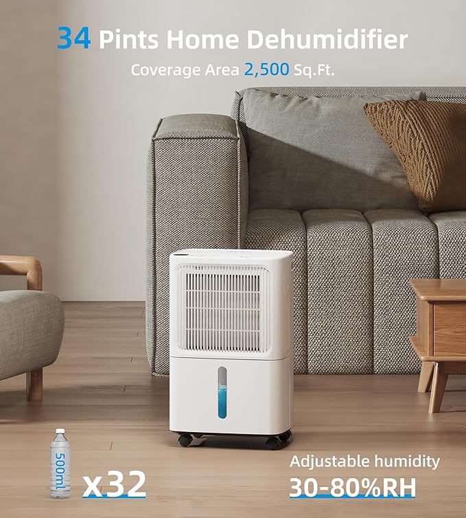 VEAGASO 2500 Sq. Ft Dehumidifier for Basement, 34 Pint Dehumidifiers For Home, Large Room, Auto Drain or Manual Drainage, Digital Control Panel, Auto Defrost, 24H Timer - Image 2