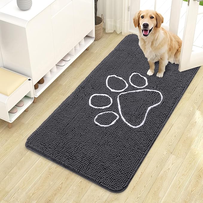OLANLY Dog Door Mat for Muddy Paws 44x24, Paw Print Design, Absorbs Moisture and Dirt, Absorbent Non-Slip Washable Doormat, Quick Dry Chenille Mud Mat for Dogs, Entry Indoor Entryway Carpet, Dark Grey by OLANLY