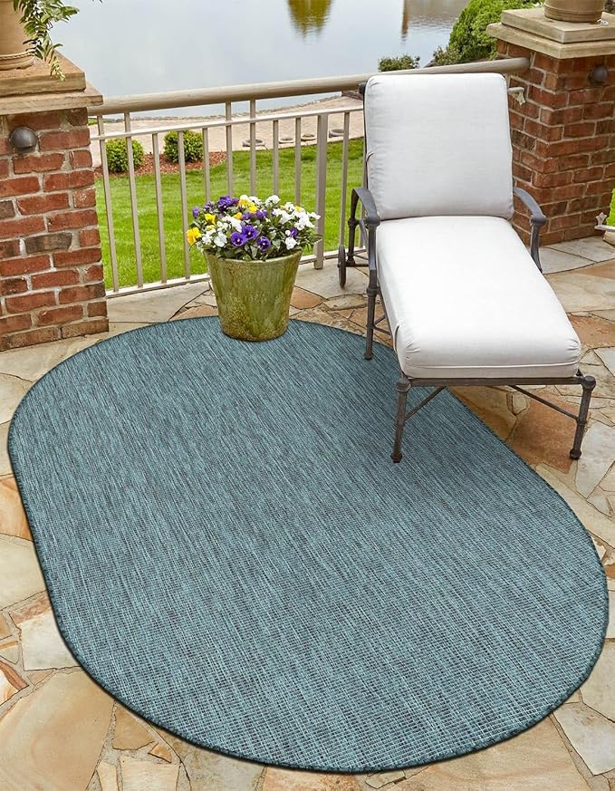 Unique Loom Outdoor Solid Collection Area Rug (5' 3" x 8' Oval Teal/Navy Blue) by UniqueLoom