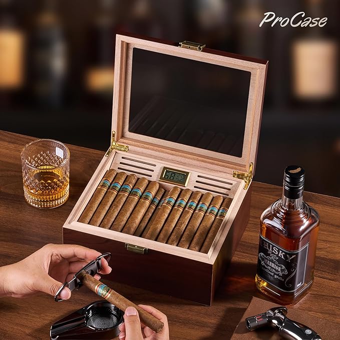 ProCase Wood Cigar Humidor Box, Wooden Desktop Cigar Storage Case, with Humidifier，Cedar Lining, Glass Top, Digital Hygrometer, Gift for Men Dad Boyfriend, Father's Day - Image 2