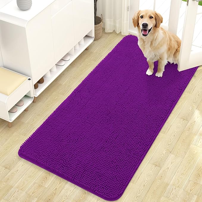 OLANLY Dog Door Mat for Muddy Paws 47x24, Absorbs Moisture and Dirt, Absorbent Non-Slip Washable Doormat, Quick Dry Chenille Mud Mat for Dogs, Entry Indoor Entryway Carpet for Inside Floor, Purple by OLANLY