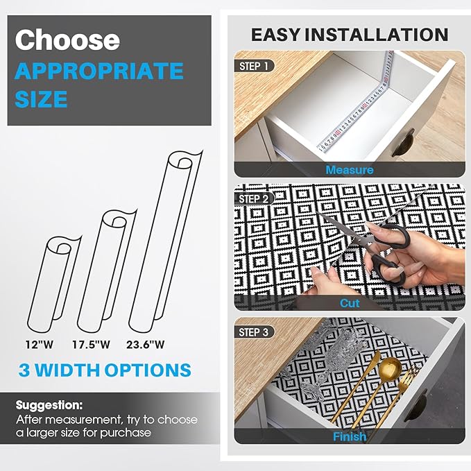 Coavas Extra Grip Thickened Shelf and Drawer Liner - Non-Adhesive Non-Slip Waterproof Mats for Kitchen Cabinets, Drawers, Shelves, Dresser & Cupboard, Easy Cut DIY (Black Rhombic, 24IN x 20FT) - Image 6