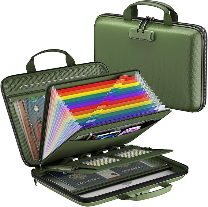 Fireproof File Organizer,Fireproof Document Box with Lock,Large 13 Pocket Expanding File Folder,Hard-Shell Portable Safe Storage for Letter/Legal Document,Laptop,Valuables-Green by ZOOPIP