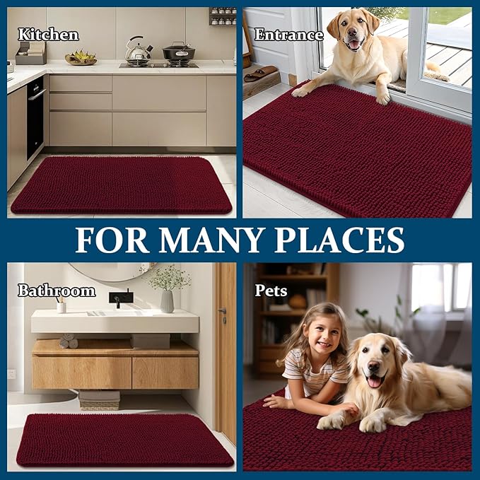 OLANLY Dog Door Mat for Muddy Paws 70x35, Absorbs Moisture and Dirt, Absorbent Non-Slip Washable Doormat, Quick Dry Chenille Mud Mat for Dogs, Entry Indoor Entryway Carpet for Inside Floor, Burgundy - Image 8