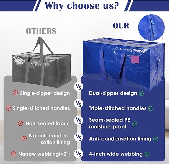 6 Pack Extra Large Heavy Duty Moving Bags with Reinforced Zipper & Wide Handles, Moisture-Resistant Storage Bins Packing Cubes for Clothes, College Dorm, Travel, and Home Organization, Blue - Image 9