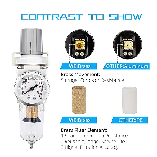 NANPU 1/4" NPT Compressed Air Filter Regulator Combo Piggyback, 5 Micron Brass Element, Poly Bowl, Semi-Auto Drain, Metal Bracket, 0-150 psi Gauge - Image 5