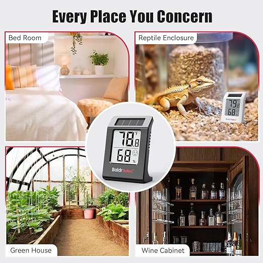 BaldrTherm Humidity Meter Hygrometer, Solar-Powered Room Thermometer Indoor Digital Temperature Sensor Monitor, 2.2''Humidity Gauge for Baby Rooms, Home, Office, 1Pack, Black - Image 8