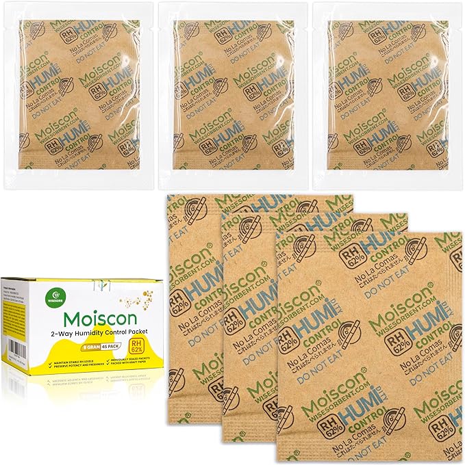 45 Pack 62% RH 8 Gram Two-Way Humidity Control Packs for Storing 1 oz, Size 8 Moisture Control Packets Individually Wrapped by Wisesorb
