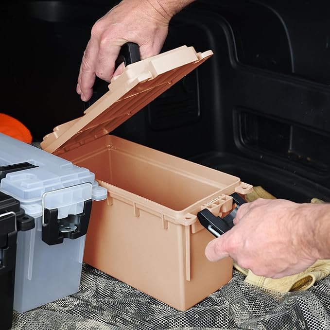 Sheffield 12627 Ammo Storage Box, Stackable .30 Cal Field Boxes, Water and Dust Resistant, Lockable Storage Box with Handle, Secures Hunting Gear, Supplies, and Bullets, Made in USA, Tan, 1-Pack - Image 8