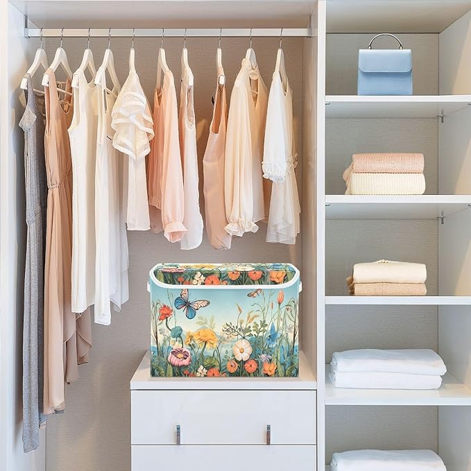 xigua Colorful Flower Pattern Storage Bins with Lids and Carrying Handle,Foldable Storage Boxes Organizer Containers Baskets Cube with Cover for Home Bedroom Closet Office - Image 6