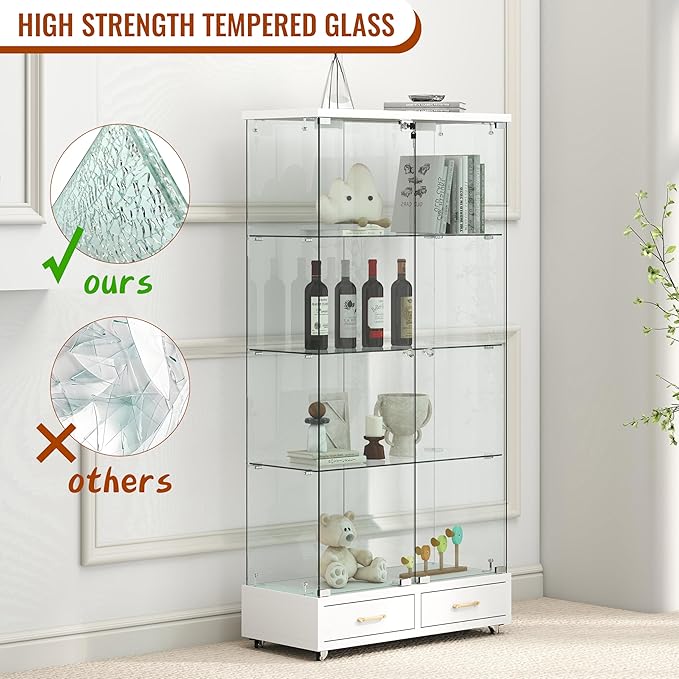 Yoluckea 4-Tier Glass Display Cabinet with LED Lighting and 2 Drawers, 2-Door Floor Standing Curio Cabinet with Wheel for Home, Office, Corner Display, White Glass Bookshelf for Collections and Decor - Image 6
