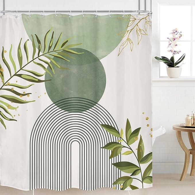 Sage Green Boho Shower Curtain 72Wx78H Modern Bohemian Abstract Leaves Olive Dark Green Mid Century Plant Bathroom Decor Minimalist Geometric Arch Bath Curtain Fabric Polyester 12 Pack Hooks by MitpokBrand