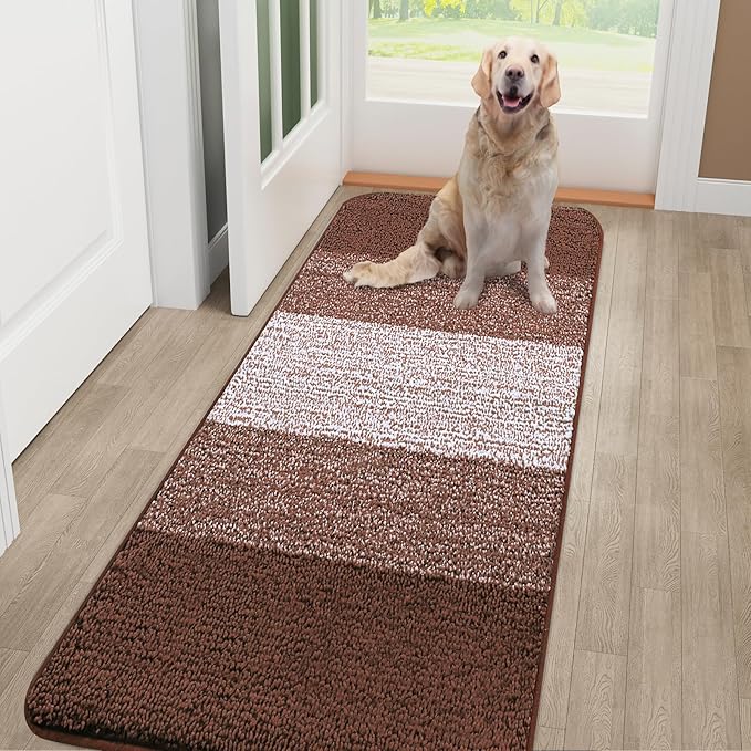 Smiry Dog Door Mat for Muddy Paws, Absorbs Moisture and Dirt, Low-Profile Entryway Mat with Non-Slip Backing, Entry Indoor Outdoor Doormat for Inside Floor (70x24 Inches, Brown, Striped) by Smiry