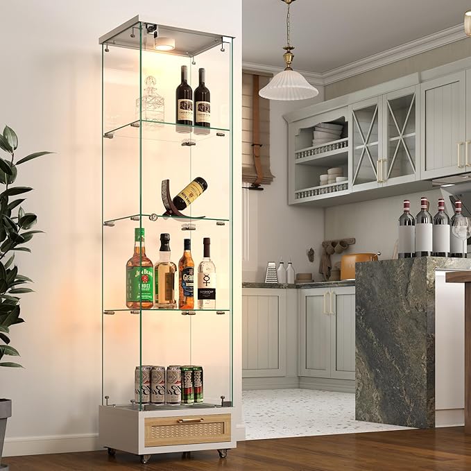 Yoluckea 4 Tiers Glass Display Cabinet with LED Lighting and Drawer, 1 Door Floor Standing Curio Cabinet with Wheel for Home, Office, Corner Display, White Glass Bookshelf for Collections and Decor by Yoluckea
