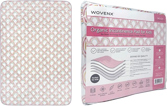 Organic Incontinence Pads for Kids & Toddlers - 5 Layer Waterproof Protectors for Overnight Bed Wetting - Reusable & Washable Pee Pads - Fits Twin to Full Size Beds - 34" x 52" Rainbow - Image 9