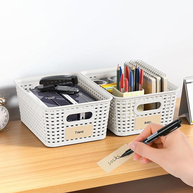 White Plastic Storage Baskets - Pack of 8 with Labels Stackable Durable Storage Bins, Storage Containers for Organizing Desktops, Closets, Playrooms, Classrooms, Offices - Image 7