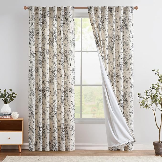 jinchan Lined Linen Blend Curtain Floral Curtains for Living Room 84 Inches Long Black Peony Flower Printed Curtain Back Tab Farmhouse Patterned Drapes Bedroom Window Curtains Set 2 Panels by JINCHAN