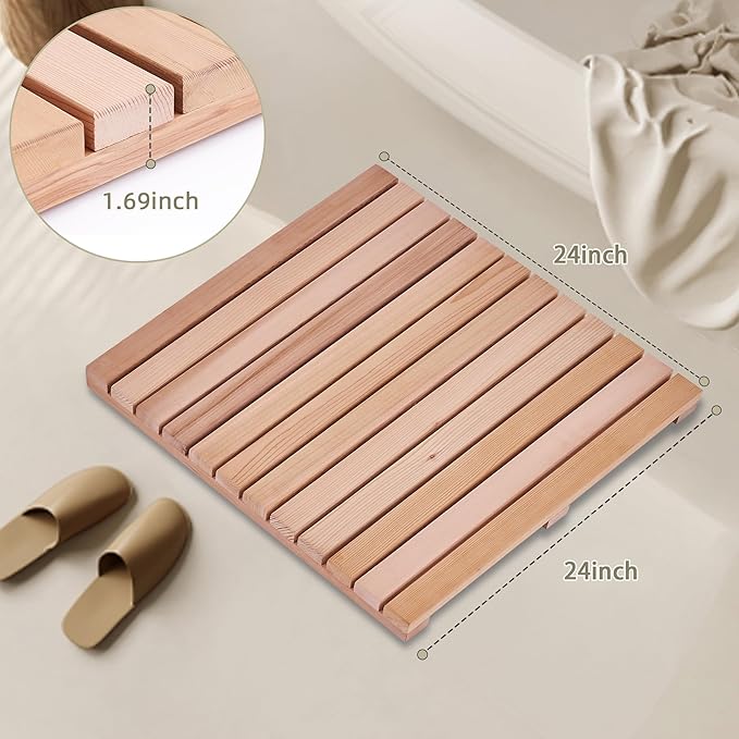 bingaai Cedar Wood Shower Mat 24" × 24", Cedar Wood Bath Mat Square, Wooden Shower Stall Mat Non-Slip for Bathroom Bathtub Spa Sauna Garden Home, Wooden Floor Mat Large for Indoor and Outdoor - Image 5