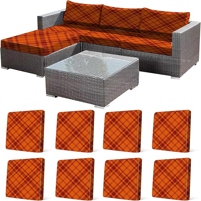 8Pcs Stretch Cushion Covers Outdoor Cushion Cover Replacement Slipcovers Grid Chair Seat Covers for Indoor Patio Furniture Protector(Orange Plaid, CoverOnly) by CALBODE
