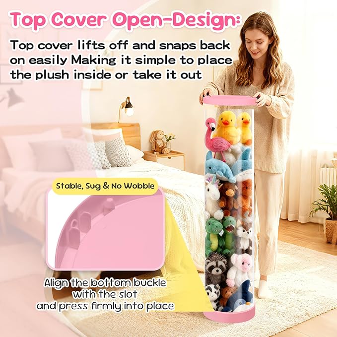 Stuffed Animal Storage Tube, 47x11 Inch Large Capacity Toy Storage Organizer with Zipper - Easy Assembly & Space Saving for Plush Toys, Ideal for Playrooms Living Room Bedrooms Cute Pink - Image 4