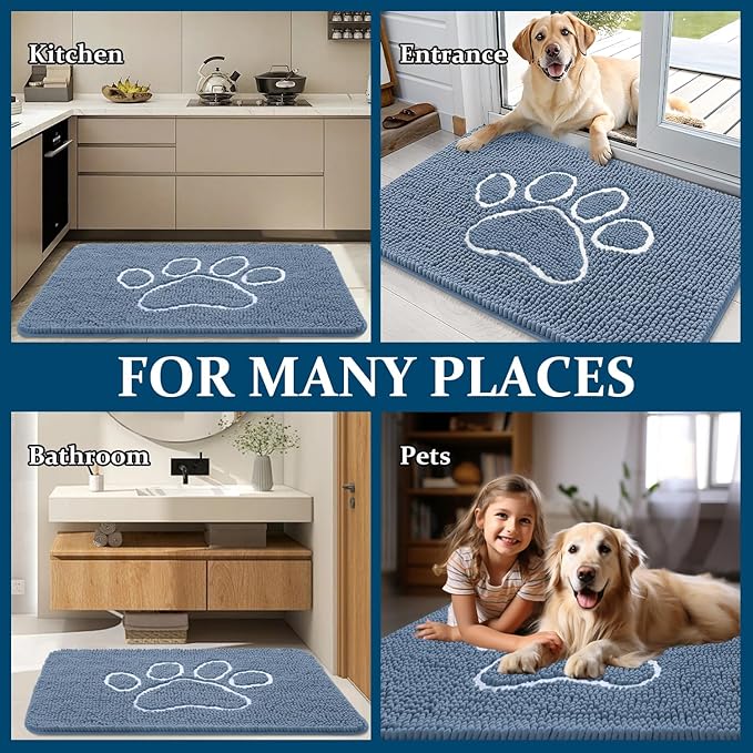 OLANLY Dog Door Mat for Muddy Paws 32x20, Paw Print Design, Absorbs Moisture and Dirt, Non-Slip Washable Doormat, Quick Dry Chenille Mud Mat, Entry Indoor Entryway Carpet, Airy Blue and White - Image 7