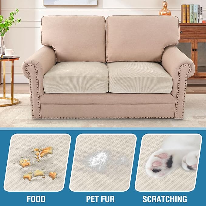 H.VERSAILTEX Velvet Stretch Couch Cushion Cover Plush Cushion Slipcover for Chair Loveseat Sofa Cushion Furniture Protector Seat Cushion Sofa Cover (2 Piece Medium Sofa Cushion Covers, Ivory Striped) - Image 3