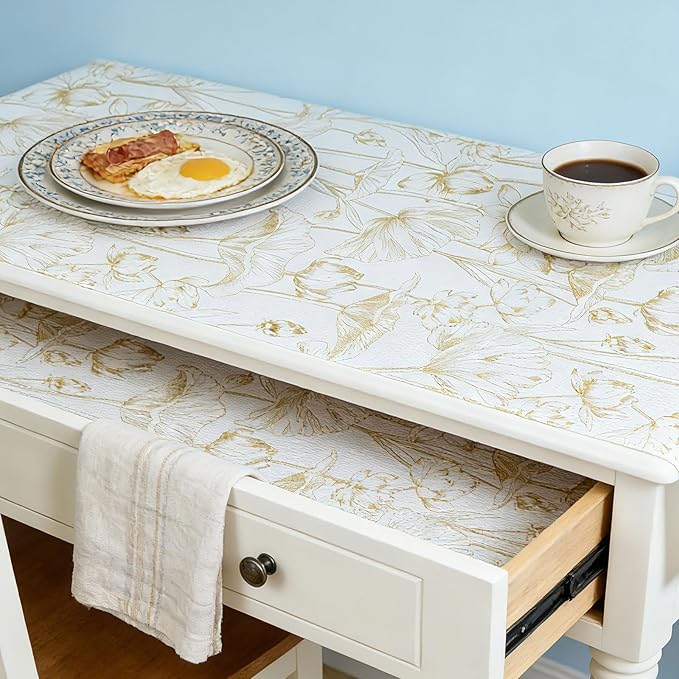 Shelf Liners Non Adhesive Light Base Gold Lotus Pattern - Thickened Non-Slip Easy to Clean Drawer Liner for Kitchen Cabinets, Tool Box, Refrigerator, with Knife & Tape Measure, 12in x 20FT - Image 7