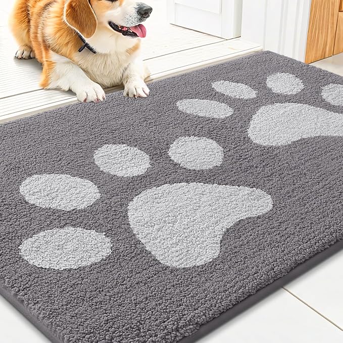 Smiry Dog Door Mat for Muddy Paws, Absorbs Moisture and Dirt, Low-Profile Entryway Mat with Non-Slip Backing, Entry Indoor Outdoor Doormat for Inside Floor (30x20 Inches, Light Grey, Paw) by Smiry