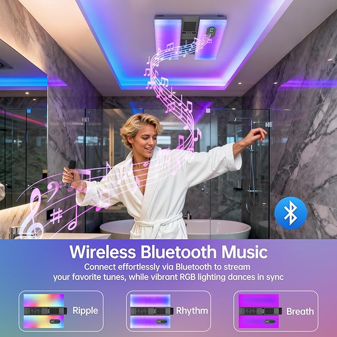Bathroom Exhaust Fan with Heater, Light, Bluetooth Speaker, Odor & Humidity Sensors, 230 CFM Quiet Ceiling Fan with 3 Dynamic RGB Lighting, 3CCT - Remote App Control - Compatible with Alexa - Image 4