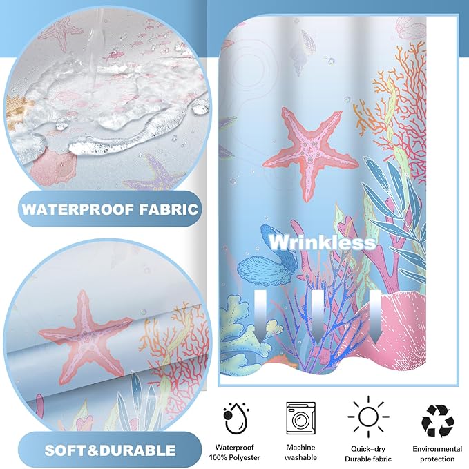 No Hook Shower Curtain with Snap in Liner, Beach Ocean Nautical Coastal Shower Curtains and Liner Set for Bathroom, Seashell Hotel Bath Curtain, Waterproof Washable, Blue Pink 71" x 74" - Image 3