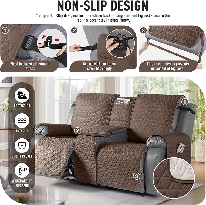 TAOCOCO 100% Waterproof Loveseat Recliner Couch Sofa Covers with Console,Double Reclining Couch Cover Non-Slip Sofa Slipcovers Washable,Furniture Protector Covers for Kids,Pets(2 Seater,Brown) - Image 5