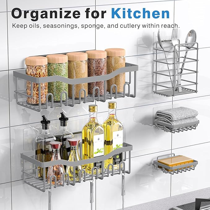 EUDELE 5-Pack Rustproof Stainless Steel Shower Caddy Set– No Drill Adhesive Bathroom Organizer, Space-Saving Shower Shelves for Apartment Essentials, Bathroom/Kitchen Storage Home Decor-L Size - Image 6