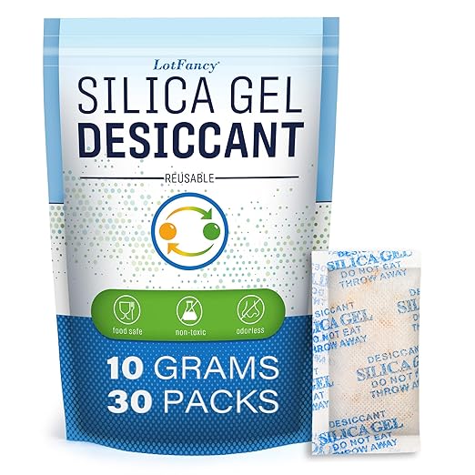 LotFancy Silica Gel Packets, 10 Gram 30 Packs Rechargeable Desiccant Dehumidifier, Indicating (Orange to Dark Green), Moisture Absorbing Bag for Clothes Shoes Ammo Storage by LotFancy