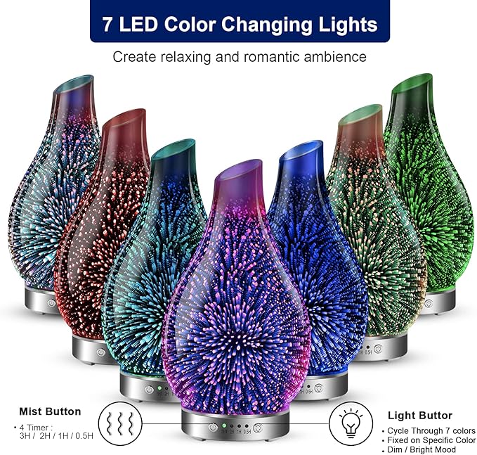 MAXWINER Essential Oil Diffusers Ultrasonic 3D Glass Aromatherapy Diffuser, Auto Shut-Off, Timer Setting, 7 Colors LED Lights Changing for Home, Office, Spa 120ml - Image 2