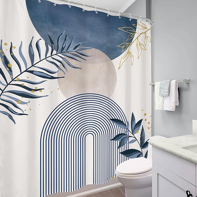 Blue Gray Boho Shower Curtain 72Wx84H Extra Long Dusty Blue Modern Bohemian Abstract Gold Leaf Mid Century Plant Bathroom Decor Minimalist Geometric Bath Curtain Fabric Polyester 12 Pack Hooks - Image 4