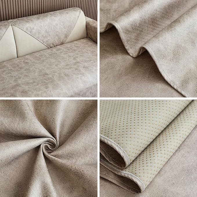 Faux Leather Waterproof Couch Sofa Cover Vintage PU Sectional Couch Cover Non Slip Sofa Slipcover Furniture Protector for Kids Dogs Cats (Cream,36"x94") - Image 7