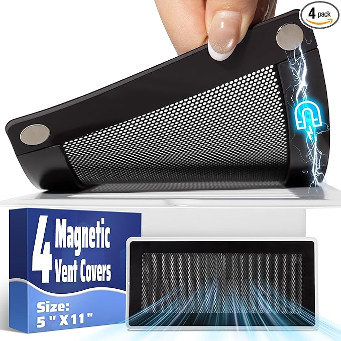 Magnetic Vent Mesh- 4 Pack, 5 x 11 inch Strong Magnetic Vent Covers for Home Floor, Ceiling and Wall Registers, Ventilate While Prevent Objects from Entering, Durable and Solid - Black by JSLIN